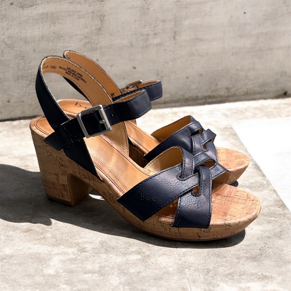 boc Born Shoes Navy Blue‎ Leather Cork Chunky Heel Sandals Women Size 8M B20